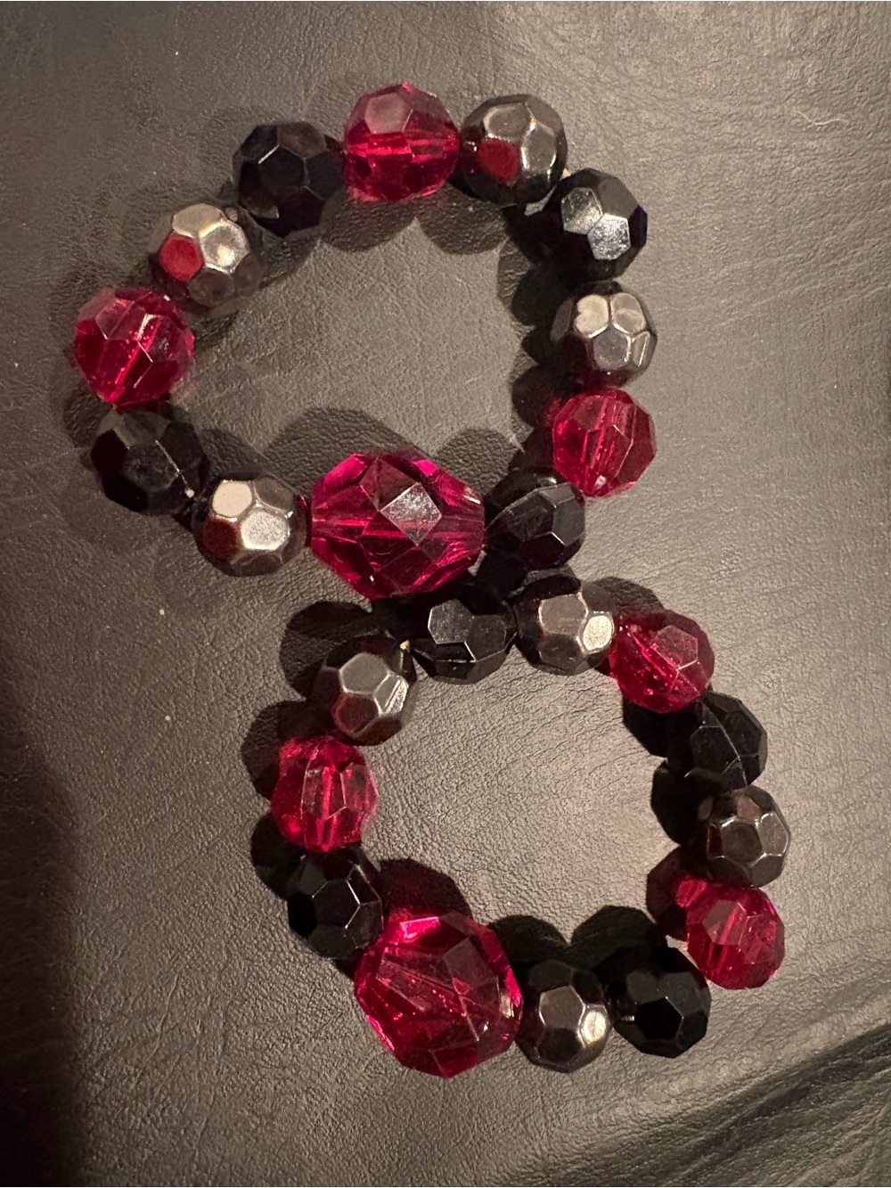 Faceted Bead Stretch Bracelet Set - Black and Deep Pink